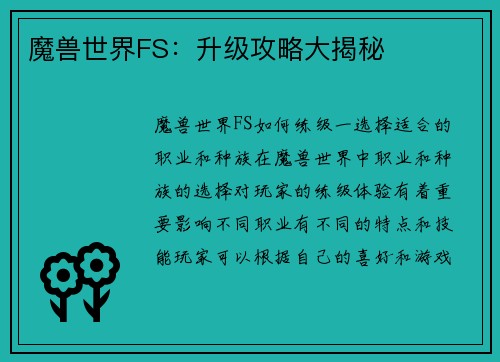 魔兽世界FS：升级攻略大揭秘